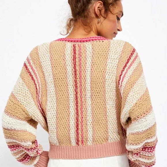 Free People Boho Show Me Love Chunky Knit Cropped Dolman Sleeve Striped Sweater - Picture 2 of 14